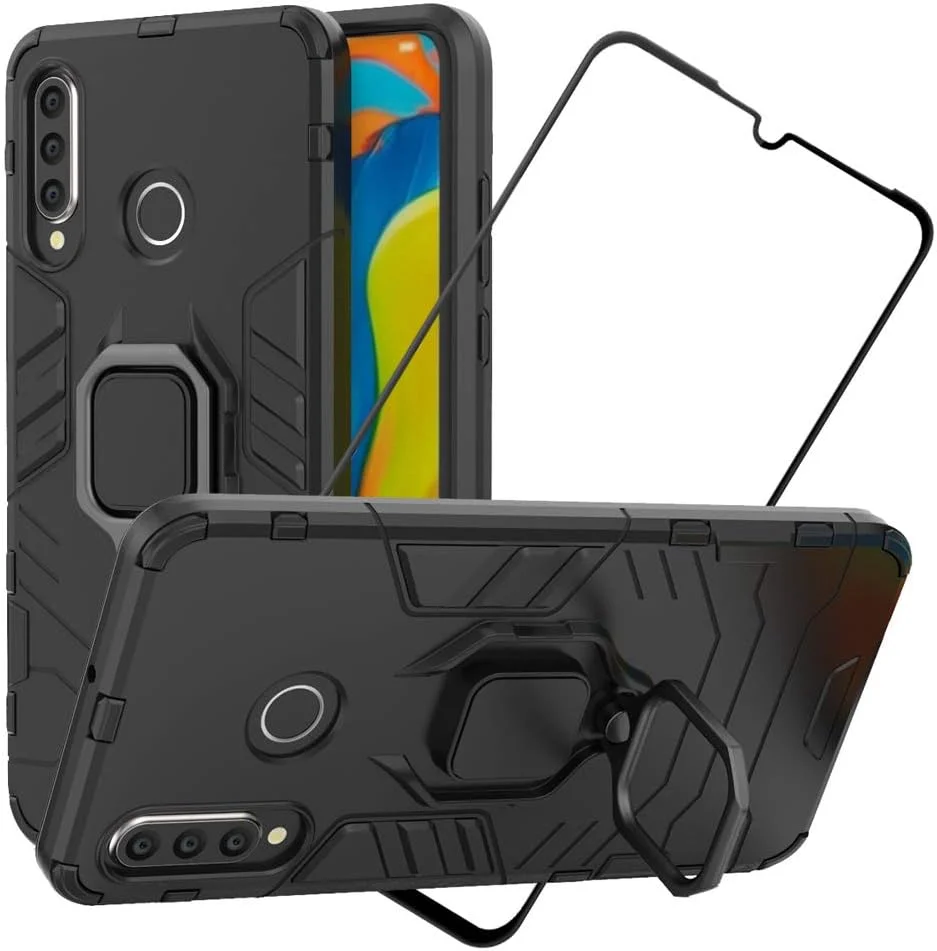 کاور 2ndSpring برای هوآوی P30 Lite + محافظ صفحه نمایش شیشه ای حرارت دیده، محافظت سنگین و بادوام، ضد ضربه، دارای پایه تاشو، مشکی