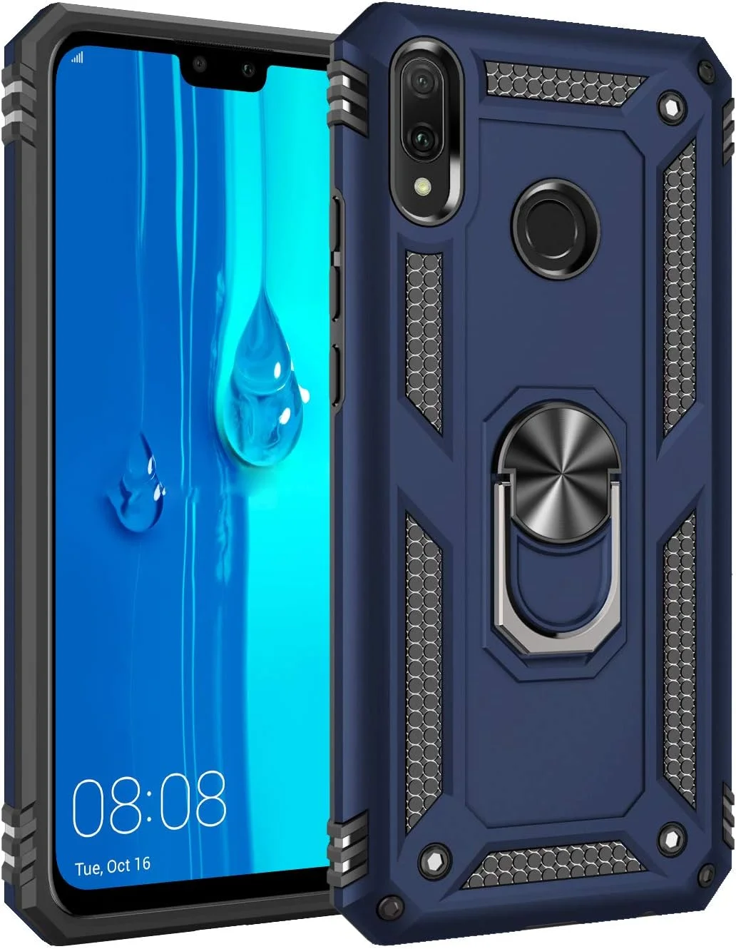 کاور محافظ گوشی هواوی Y9 2019 / Enjoy 9 Plus به همراه محافظ صفحه نمایش شیشه ای، دارای حلقه نگهدارنده، سیلیکونی ضد ضربه، زره سخت و مقاوم، آبی