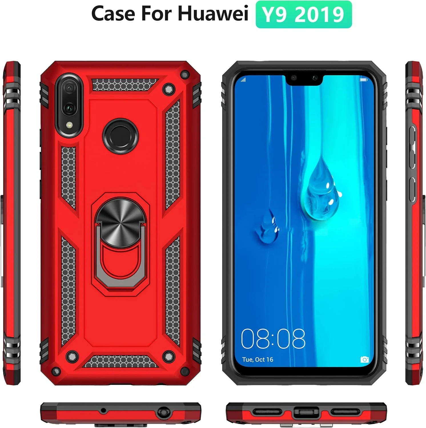 کاور محافظ گوشی هواوی Y9 2019 / Enjoy 9 Plus به همراه محافظ صفحه نمایش شیشه ای، دارای حلقه نگهدارنده، سیلیکونی ضد ضربه، زره سخت و مقاوم، آبی