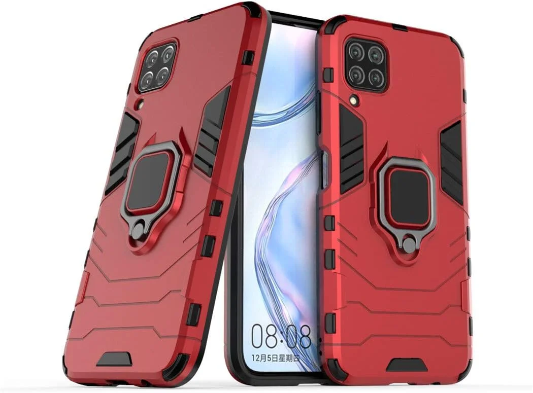 قاب محافظ گوشی هواوی P40 Lite، نوا 7i، نوا 6 SE مای‌جین، با حلقه فلزی و پایه استند، بامپر سخت (سازگار با هولدر مغناطیسی خودرو)، دو لایه و مقاوم (قرمز)