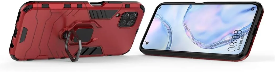 قاب محافظ گوشی هواوی P40 Lite، نوا 7i، نوا 6 SE مای‌جین، با حلقه فلزی و پایه استند، بامپر سخت (سازگار با هولدر مغناطیسی خودرو)، دو لایه و مقاوم (قرمز)