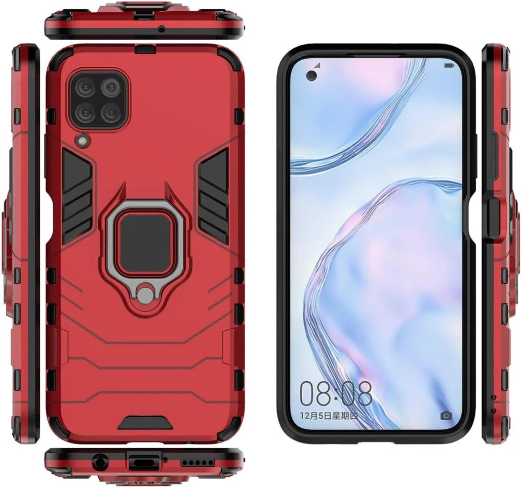 قاب محافظ گوشی هواوی P40 Lite، نوا 7i، نوا 6 SE مای‌جین، با حلقه فلزی و پایه استند، بامپر سخت (سازگار با هولدر مغناطیسی خودرو)، دو لایه و مقاوم (قرمز)
