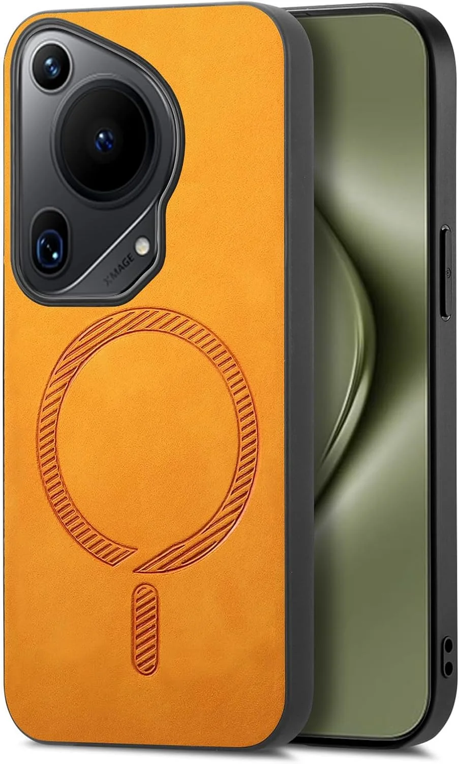 قاب محافظ گوشی هواوی Pura 70 Ultra، محافظت سنگین و ضد ضربه با روکش چرمی و سپر، پشتیبانی از پایه نگهدارنده خودرو (نارنجی)