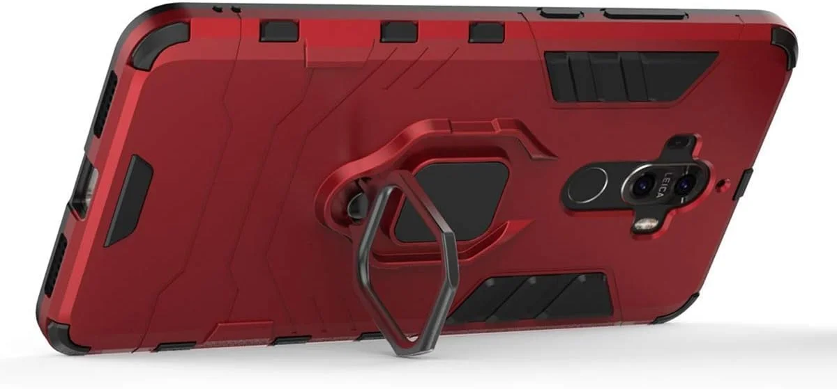 قاب محافظ هواوی میت 9، حلقه فلزی با استند و ضربه گیر (سازگار با پایه نگهدارنده مغناطیسی خودرو)، دو لایه و مقاوم (قرمز)