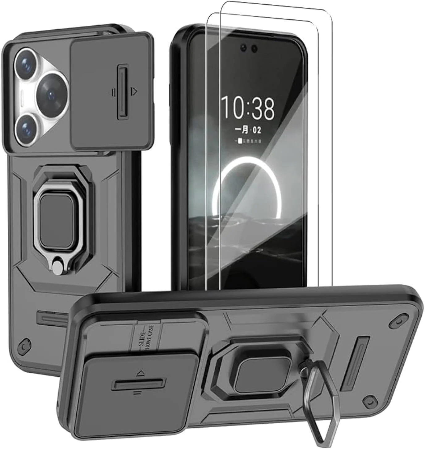 قاب گوشی هواوی پورا 70 به همراه محافظ صفحه نمایش [2 عدد]، محافظ کشویی دوربین، قاب محافظ سنگین نظامی - مشکی-B