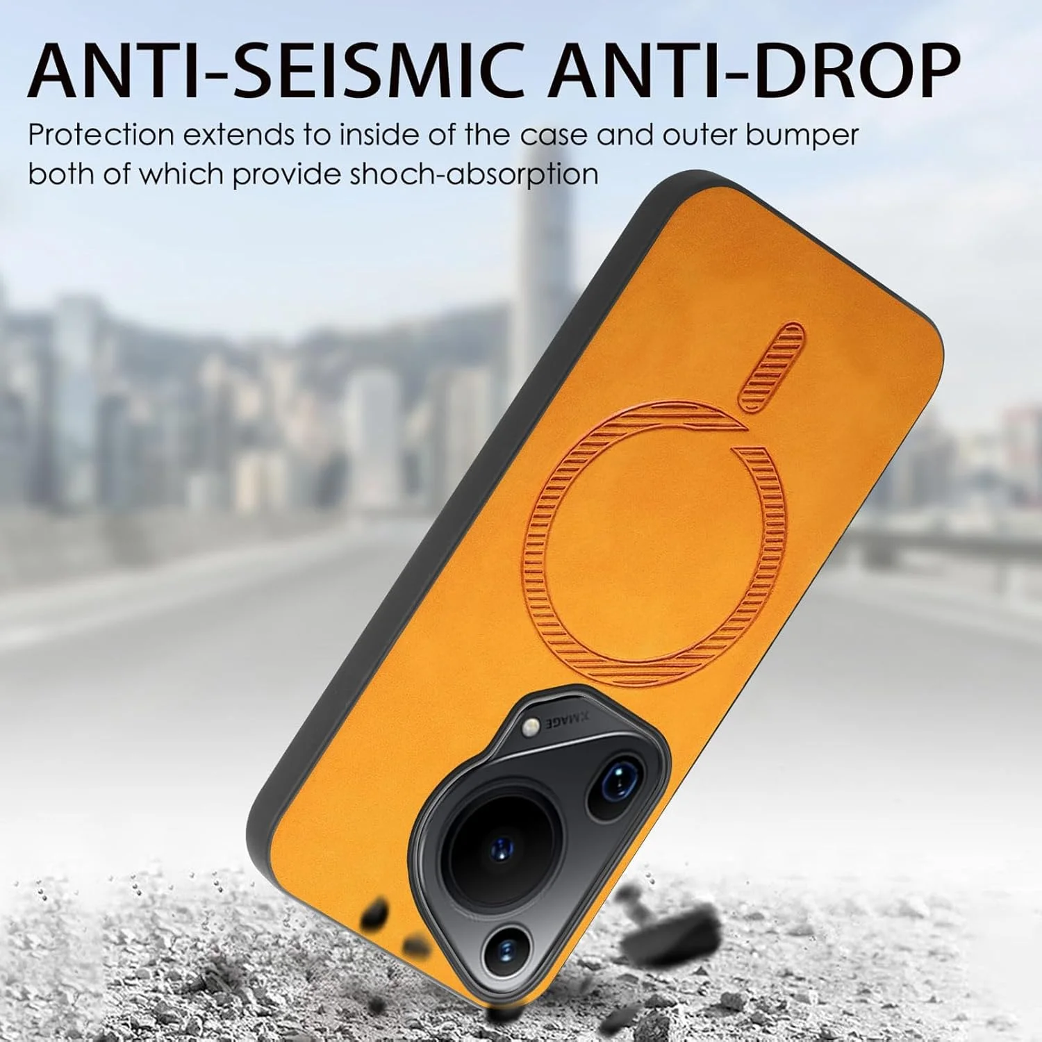 قاب محافظ گوشی هواوی Pura 70 Ultra، محافظت سنگین و ضد ضربه با روکش چرمی و سپر، پشتیبانی از پایه نگهدارنده خودرو (نارنجی)