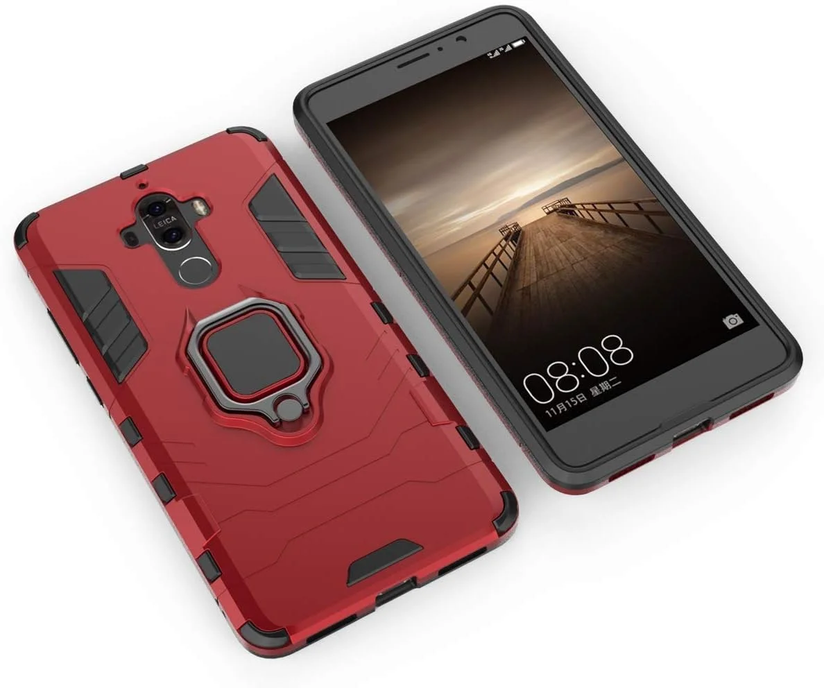 قاب محافظ هواوی میت 9، حلقه فلزی با استند و ضربه گیر (سازگار با پایه نگهدارنده مغناطیسی خودرو)، دو لایه و مقاوم (قرمز)