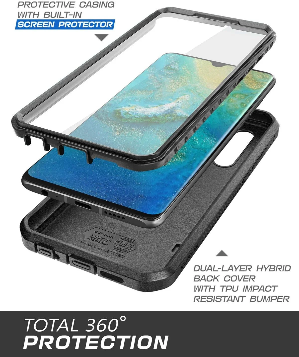 کاور محافظ SUPCASE [سری Unicorn Beetle Pro] طراحی شده برای گوشی Huawei P30، محافظت کامل دو لایه و مقاوم به همراه گیره کمری و پایه نگهدارنده - مشکی