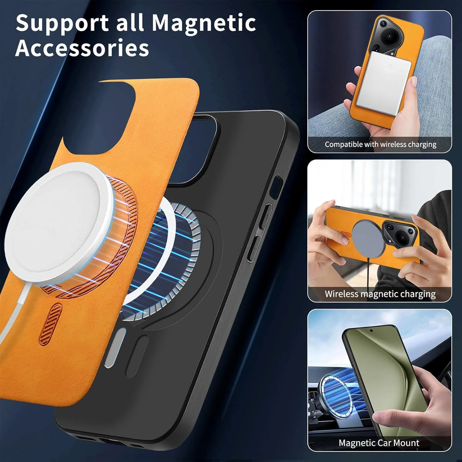 قاب محافظ گوشی هواوی Pura 70 Ultra، محافظت سنگین و ضد ضربه با روکش چرمی و سپر، پشتیبانی از پایه نگهدارنده خودرو (نارنجی)