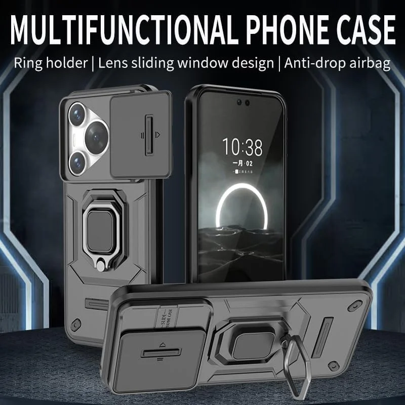 قاب گوشی هواوی پورا 70 به همراه محافظ صفحه نمایش [2 عدد]، محافظ کشویی دوربین، قاب محافظ سنگین نظامی - مشکی-B