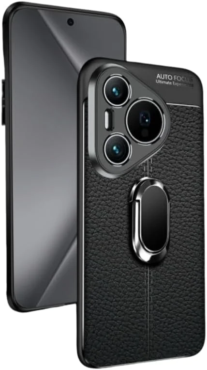 قاب گوشی هوآوی Pura 70 Pro، بافت چرمی با حلقه نگهدارنده، (مشکی)