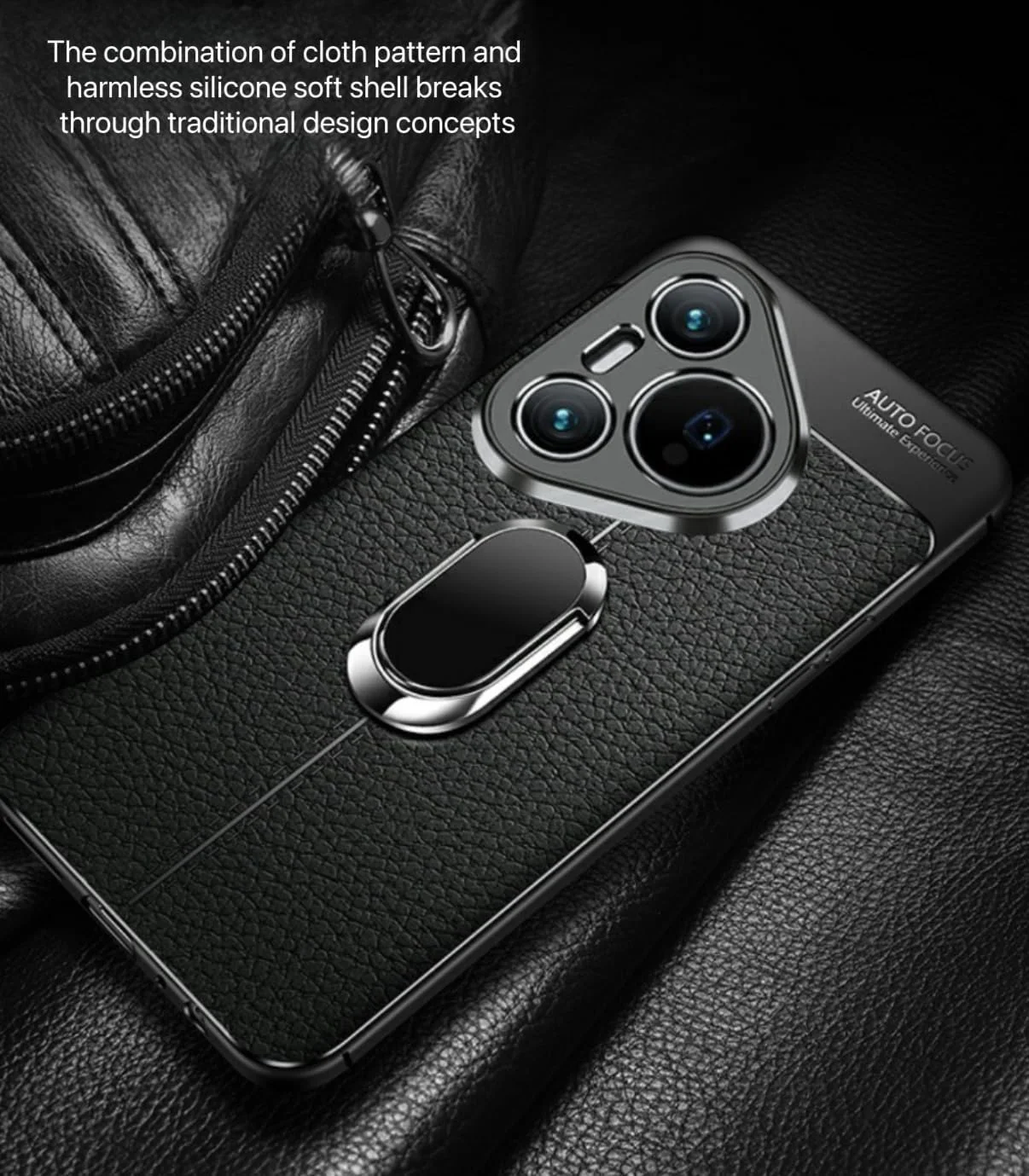 قاب گوشی هوآوی Pura 70 Pro، بافت چرمی با حلقه نگهدارنده، (مشکی) قاب گوشی هوآوی Pura 70 Pro، بافت چرمی با حلقه نگهدارنده، (مشکی)