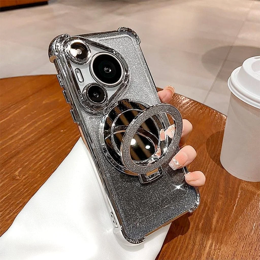 قاب مغناطیسی اکلیلی برای هوآوی پورا 80 اولترا، محافظ لنز دوربین، پایه درخشان، آینه، کاور لوکس گرادیانی ضد ضربه هوآوی پورا 80 اولترا مناسب هدیه برای دختران و بانوان، نقره ای