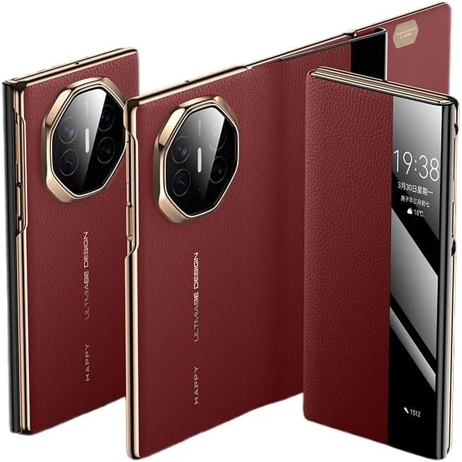 کاور چرمی Gruattreay سازگار با هوآوی Mate XT، با پنجره هوشمند بیدار/خواب خودکار، کاور محافظ ضد ضربه با روکش آبکاری شده برای هوآوی Mate XT (قرمز)