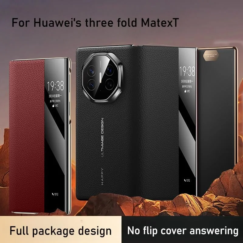 کاور چرمی Gruattreay سازگار با هوآوی Mate XT، با پنجره هوشمند بیدار/خواب خودکار، کاور محافظ ضد ضربه با روکش آبکاری شده برای هوآوی Mate XT (قرمز)