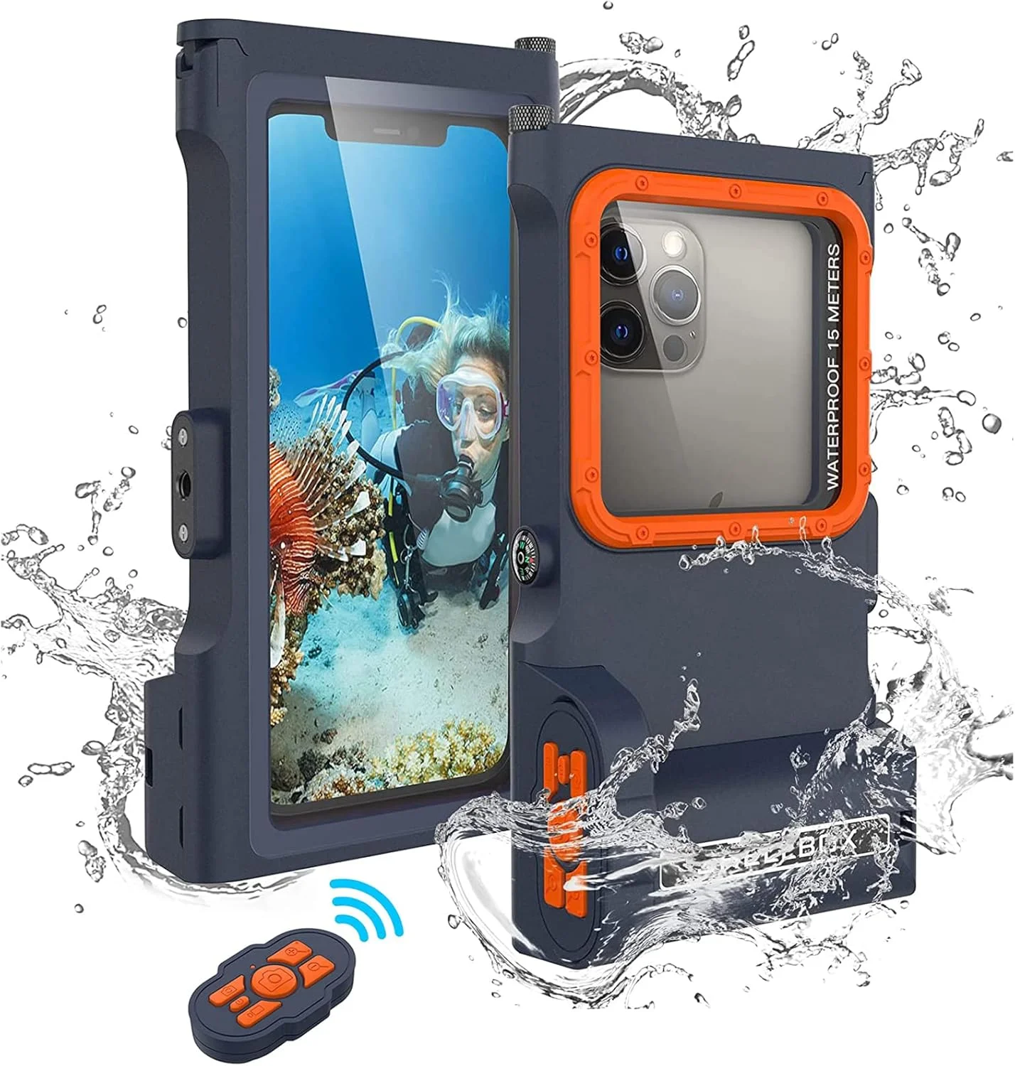 محفظه ضد آب گوشی برای غواصی و اسنورکلینگ مناسب برای گوشی های هوشمند سری آیفون، سامسونگ، ال جی، هواوی زیر 6.7 اینچ، اتصال بلوتوث، کنترل دوربین، زوم و فیلمبرداری با اپلیکیشن (آبی-نارنجی)