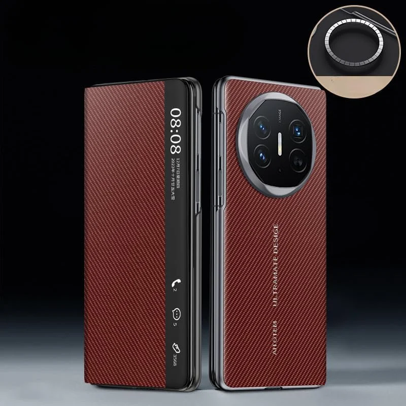 کاور فیبر کربنی Gruattreay برای Huawei Mate X6، دارای پنجره هوشمند، کاور محافظ PC مغناطیسی فوق العاده نازک و سبک برای Mate X6 [پشتیبانی از شارژ بی سیم و کیف پول] (قرمز)