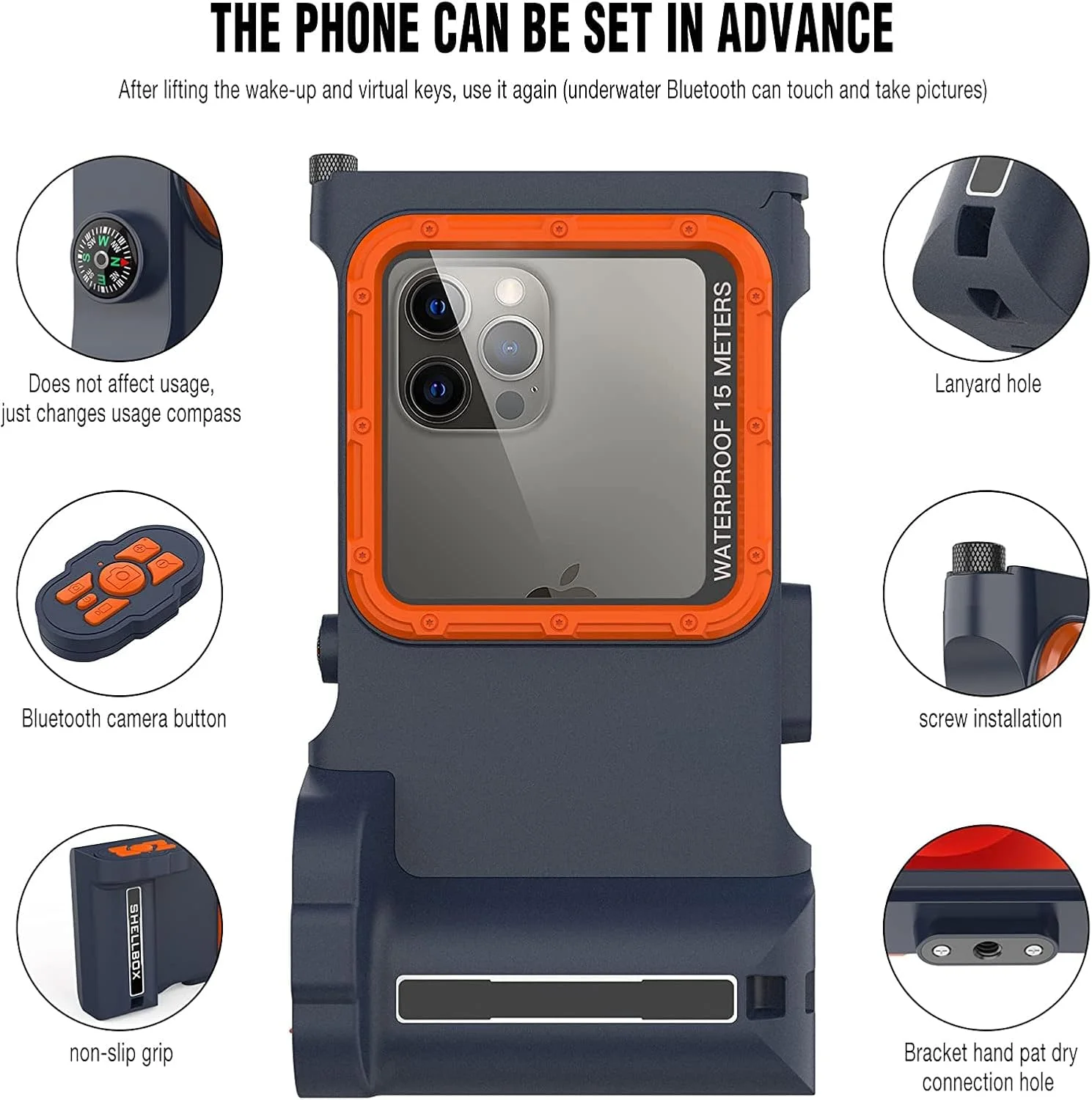 محفظه ضد آب گوشی برای غواصی و اسنورکلینگ مناسب برای گوشی های هوشمند سری آیفون، سامسونگ، ال جی، هواوی زیر 6.7 اینچ، اتصال بلوتوث، کنترل دوربین، زوم و فیلمبرداری با اپلیکیشن (آبی-نارنجی)