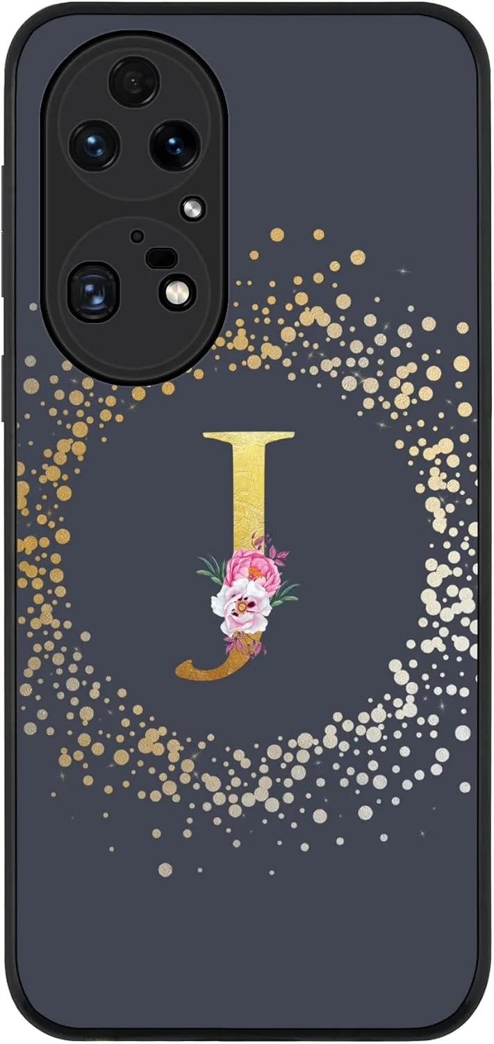 قاب محافظ لبه مشکی مقاوم برای هوآوی P50 پرو، قاب نرم و باریک با لبه های لاستیکی انعطاف پذیر، ضد ضربه، ژله ای TPU، طرح نازک - حروف الفبا با طرح گل - J (خاکستری)