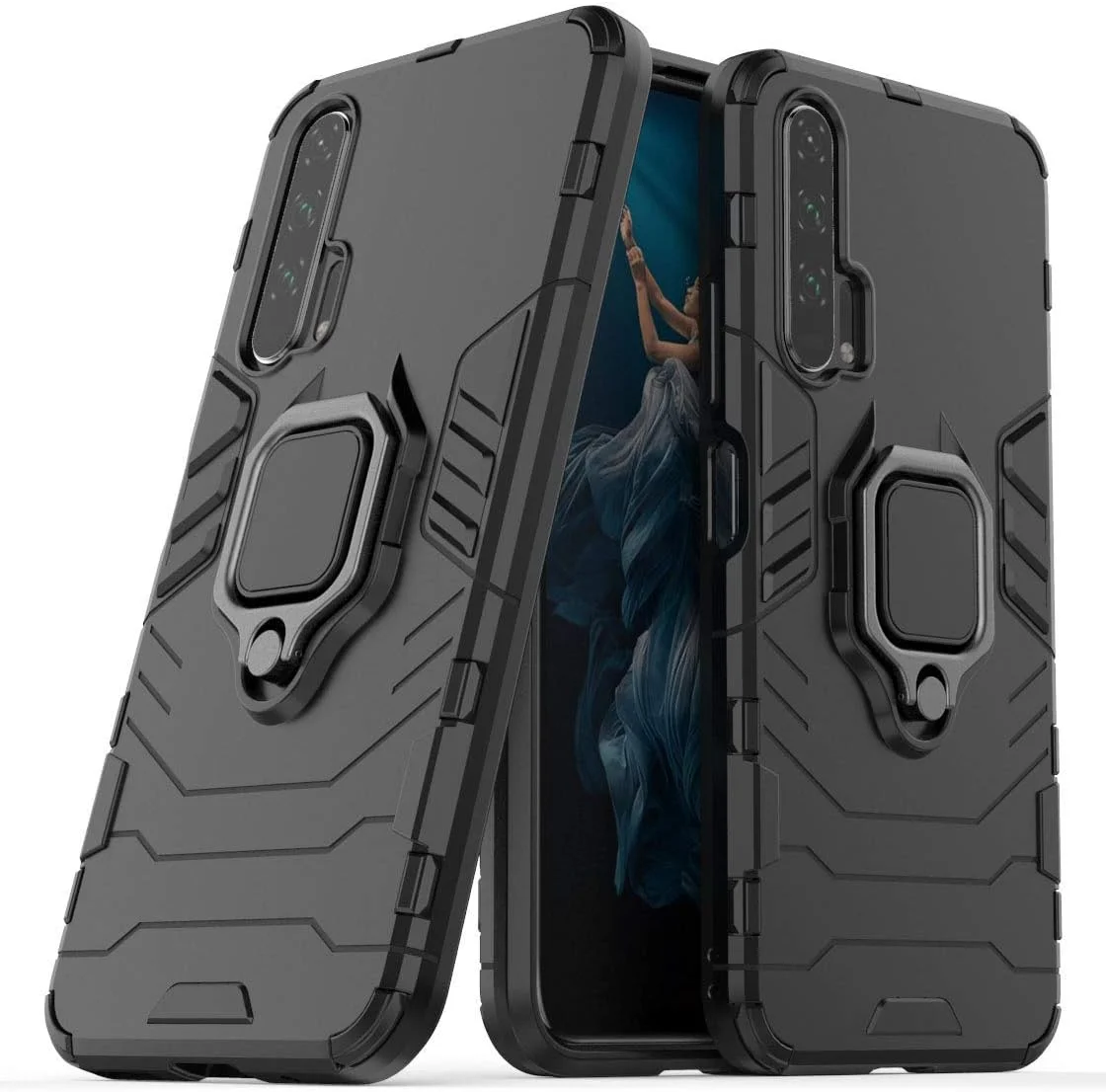 قاب محافظ گوشی هواوی آنر 20 پرو، دارای حلقه فلزی و استند، ضد ضربه، بامپر سخت، دو لایه، مناسب برای هولدر مغناطیسی خودرو (مشکی)