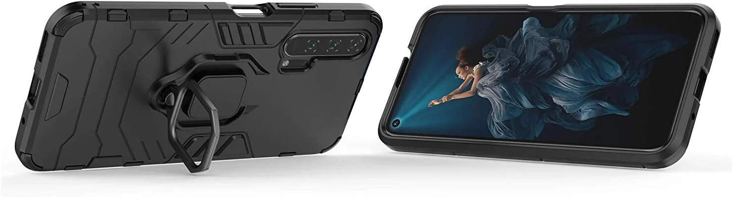 قاب محافظ گوشی هواوی آنر 20 پرو، دارای حلقه فلزی و استند، ضد ضربه، بامپر سخت، دو لایه، مناسب برای هولدر مغناطیسی خودرو (مشکی)