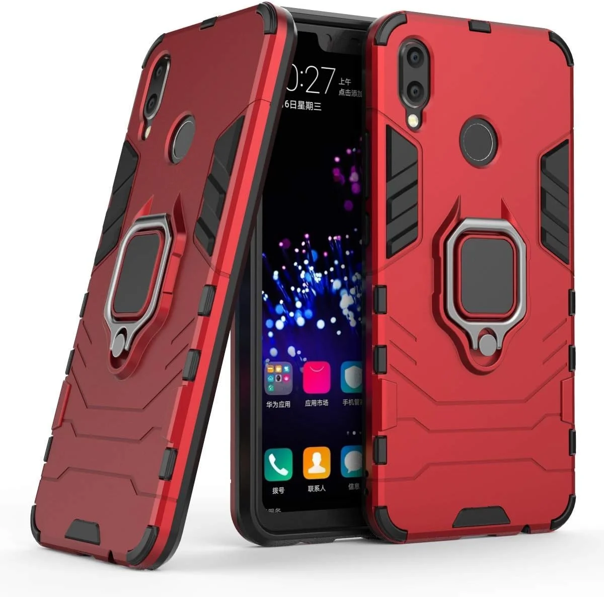 قاب محافظ گوشی هوآوی P Smart+، حلقه فلزی، پایه استند، ضد ضربه، سپر سخت (سازگار با نگهدارنده مغناطیسی خودرو)، پوشش مقاوم دو لایه برای هوآوی P Smart Plus، نوا 3i (قرمز)