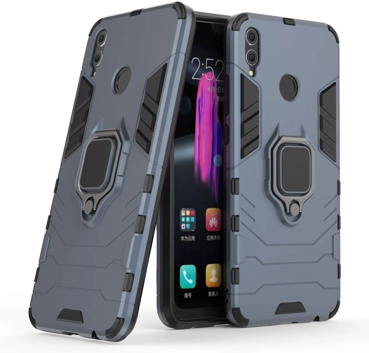 قاب محافظ گوشی هوآوی Honor 8X، دارای حلقه فلزی، پایه استند، ضد ضربه، لایه سخت محافظ (سازگار با هولدر مغناطیسی خودرو)، دو لایه، مقاوم - سرمه ای