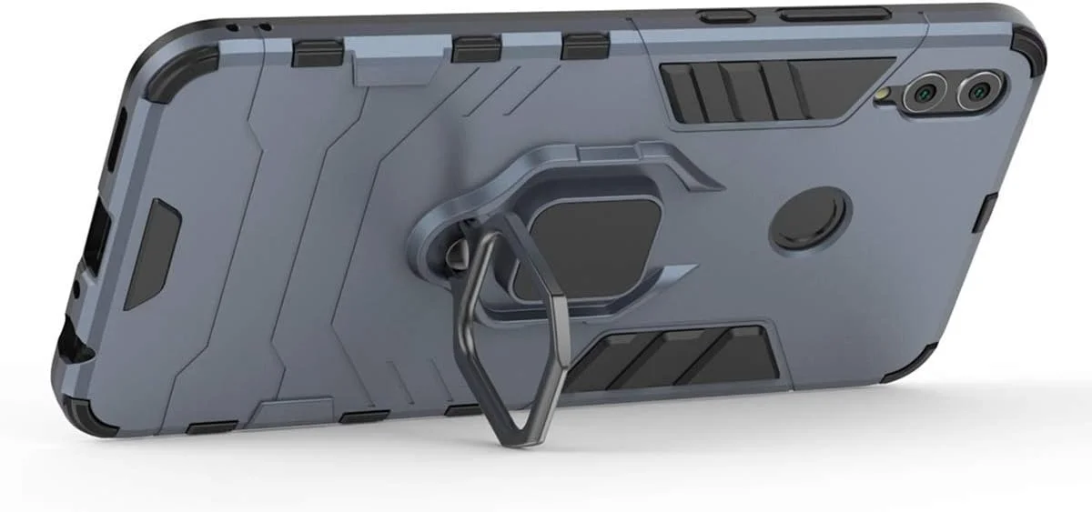 قاب محافظ گوشی هوآوی Honor 8X، دارای حلقه فلزی، پایه استند، ضد ضربه، لایه سخت محافظ (سازگار با هولدر مغناطیسی خودرو)، دو لایه، مقاوم - سرمه ای