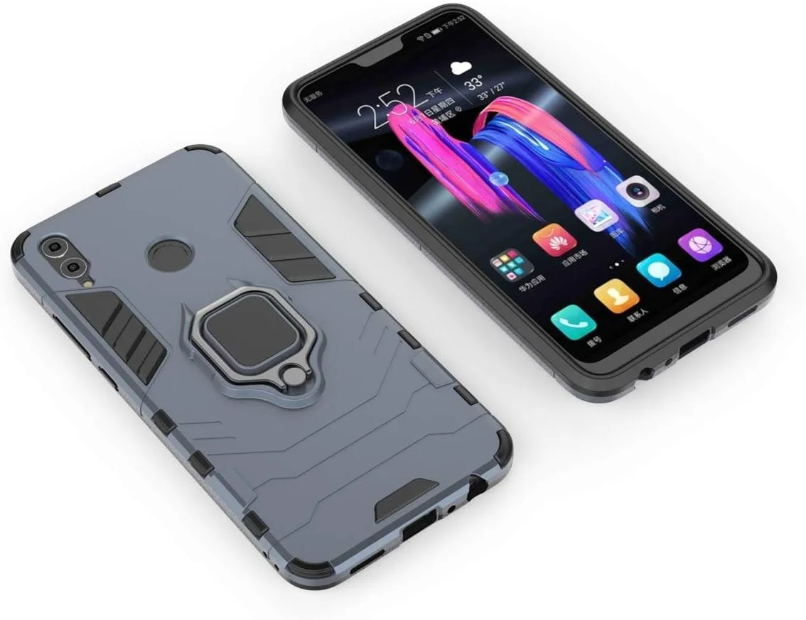 قاب محافظ گوشی هوآوی Honor 8X، دارای حلقه فلزی، پایه استند، ضد ضربه، لایه سخت محافظ (سازگار با هولدر مغناطیسی خودرو)، دو لایه، مقاوم - سرمه ای