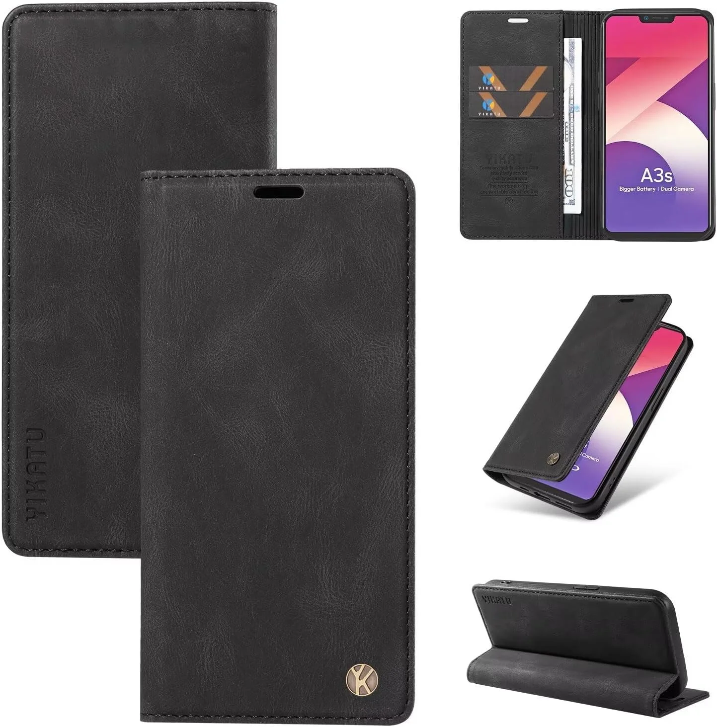 کیف پول چرمی سازگار با هوآوی P30، کیف تلفن مغناطیسی با پایه و جای کارت، ضد ضربه - مشکی