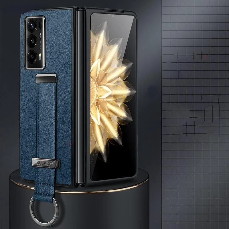 قاب گوشی چرمی نرم و لوکس Gruattreay سازگار با Honor Magic V2، دارای بند مچی و حلقه فلزی نگهدارنده، پوشش پشتی برای Honor Magic V2 (آبی)