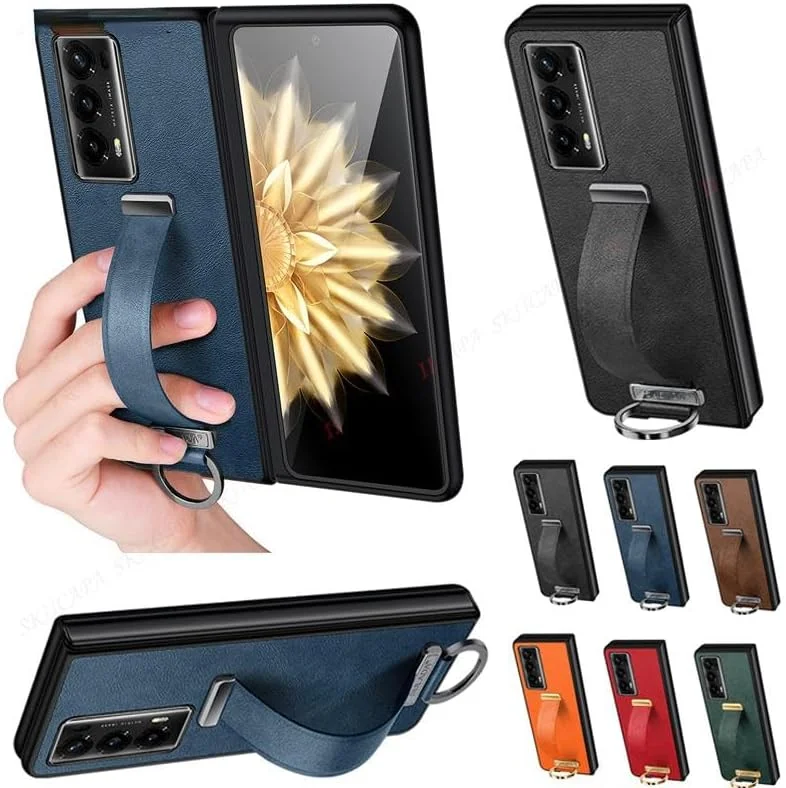 قاب گوشی چرمی نرم و لوکس Gruattreay سازگار با Honor Magic V2، دارای بند مچی و حلقه فلزی نگهدارنده، پوشش پشتی برای Honor Magic V2 (آبی)