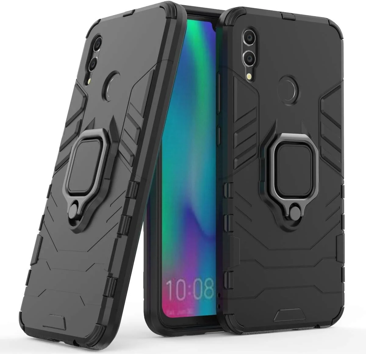 قاب محافظ گوشی هوآوی پی اسمارت (2019) و آنر 10 لایت، با حلقه فلزی و استند، پوشش دو لایه مقاوم (مشکی)
