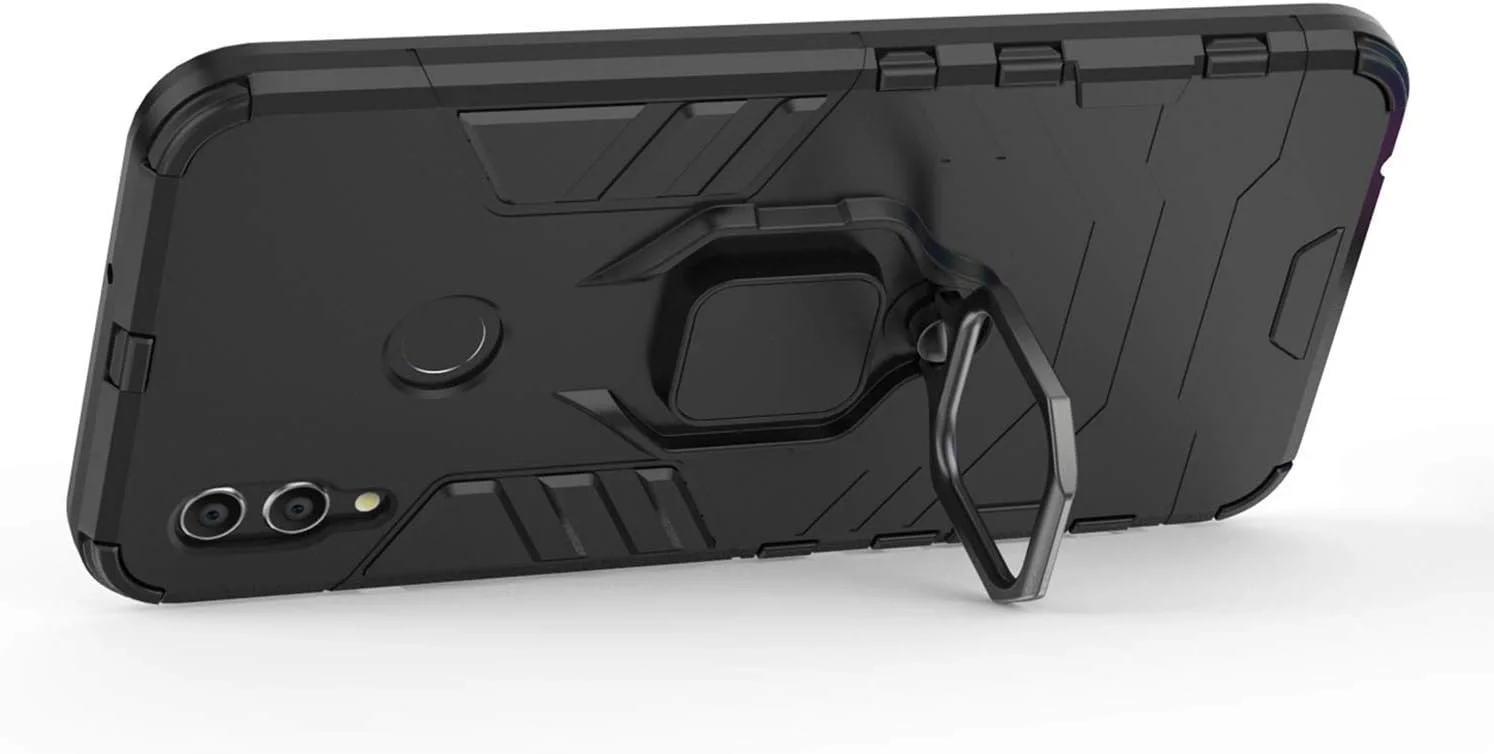 قاب محافظ گوشی هوآوی پی اسمارت (2019) و آنر 10 لایت، با حلقه فلزی و استند، پوشش دو لایه مقاوم (مشکی)