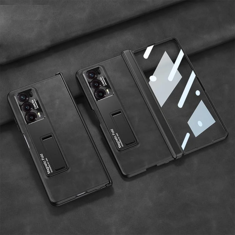 کاور محافظ Gruattreay سازگار با گوشی هواوی Honor Magic V2، کاور فول بادی، دارای پایه، محافظ لولای مغناطیسی، محافظ صفحه نمایش داخلی، کاور چرمی PU سازگار با Honor Magic (مشکی)