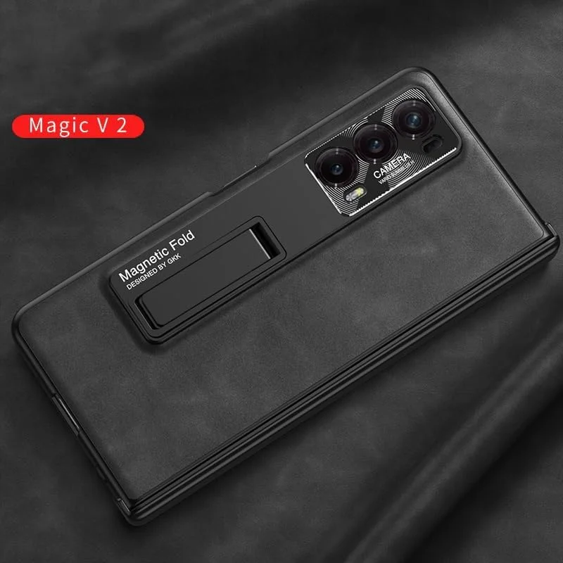 کاور محافظ Gruattreay سازگار با گوشی هواوی Honor Magic V2، کاور فول بادی، دارای پایه، محافظ لولای مغناطیسی، محافظ صفحه نمایش داخلی، کاور چرمی PU سازگار با Honor Magic (مشکی)