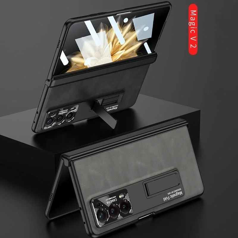 کاور محافظ Gruattreay سازگار با گوشی هواوی Honor Magic V2، کاور فول بادی، دارای پایه، محافظ لولای مغناطیسی، محافظ صفحه نمایش داخلی، کاور چرمی PU سازگار با Honor Magic (مشکی)