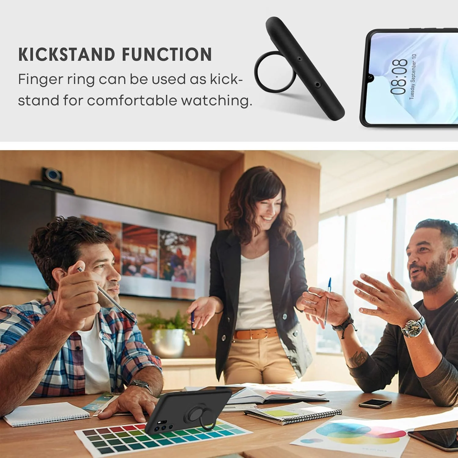 قاب سیلیکونی نرم ژله ای با حلقه نگهدارنده 360 درجه و پایه استند برای نصب آهنربایی خودرو، محافظ باریک ضد خش و ضد ضربه گوشی هوآوی P30 Pro سایز 6.47 اینچ - مشکی