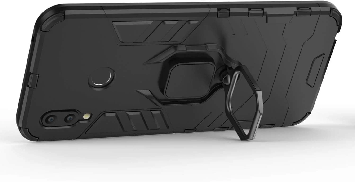 قاب محافظ گوشی هوآوی Honor Play، با حلقه فلزی، استند، ضد ضربه، سپر سخت (سازگار با پایه نگهدارنده مغناطیسی خودرو)، دو لایه، مقاوم (مشکی)