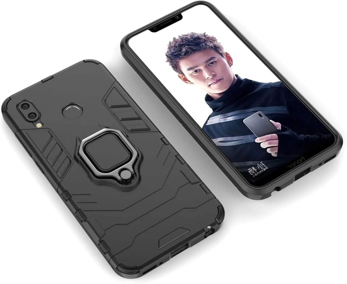 قاب محافظ گوشی هوآوی Honor Play، با حلقه فلزی، استند، ضد ضربه، سپر سخت (سازگار با پایه نگهدارنده مغناطیسی خودرو)، دو لایه، مقاوم (مشکی)