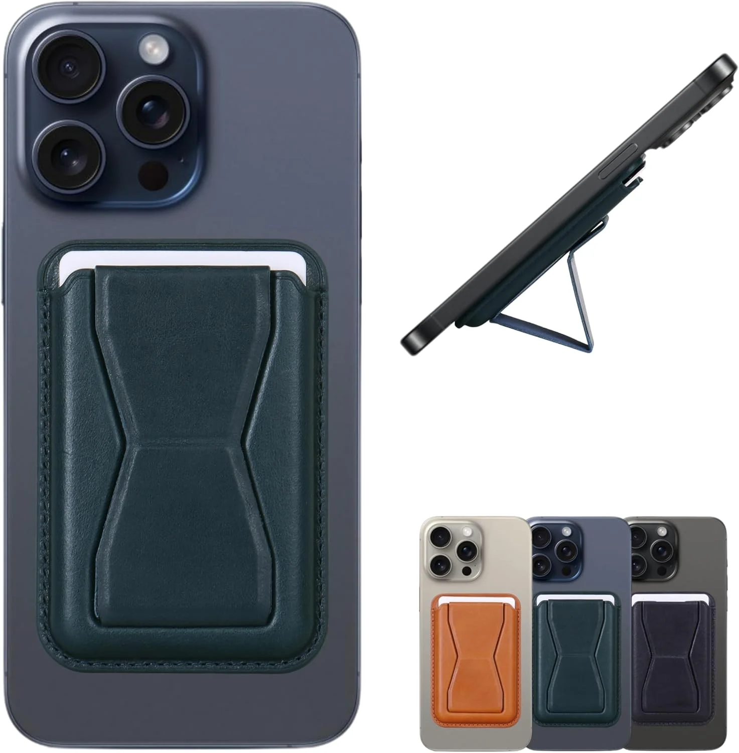 کیف پول چرمی دانه دار عربین اوریکس Magsafe با پایه قابل تنظیم، طراحی شده برای سری Apple iPhone 15، 14، 13، 12 و قاب های سازگار با Magsafe اندروید (آبی نیلی)