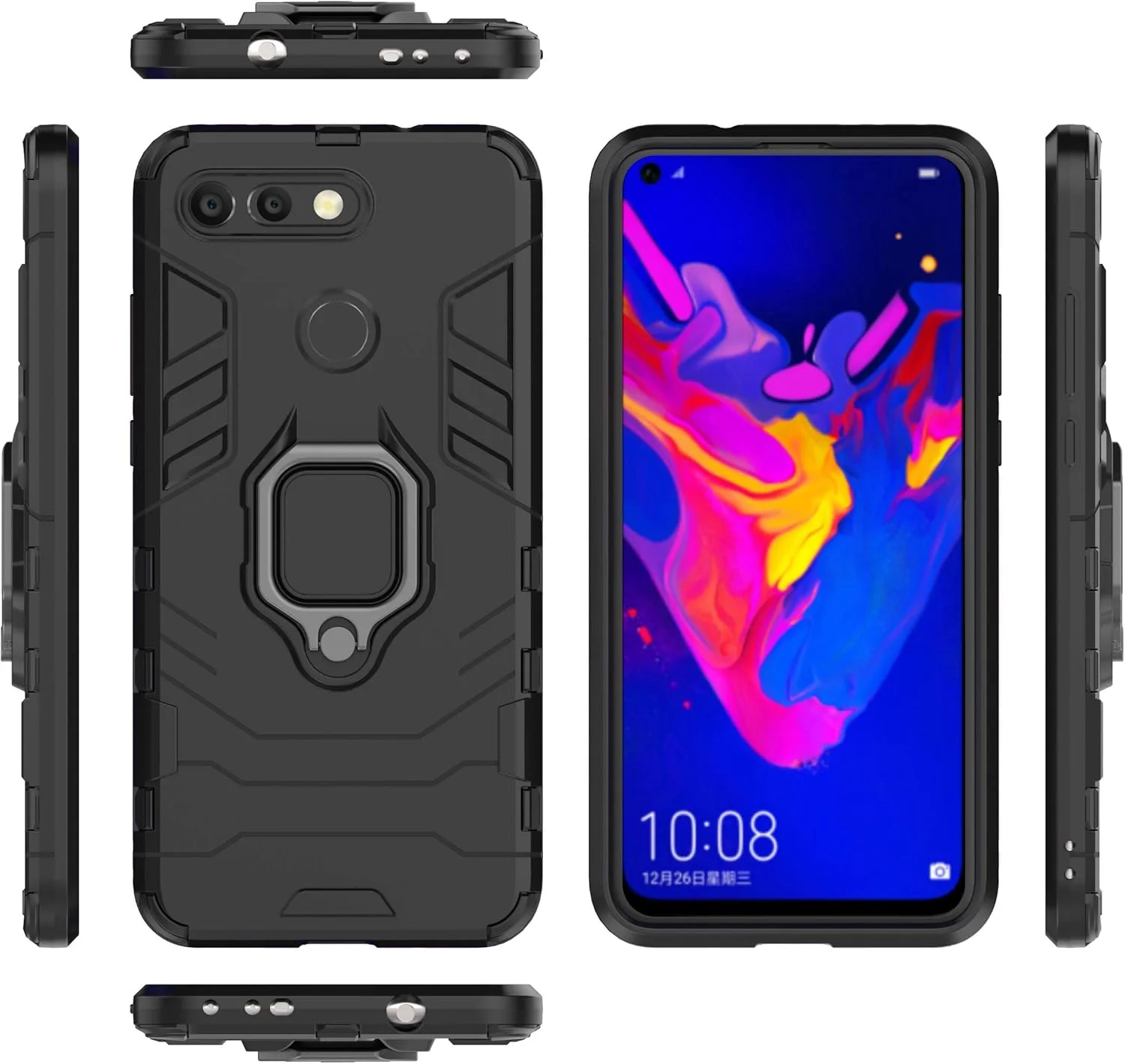 قاب محافظ گوشی هواوی آنر ویو 20 مدل MRSTER، مقاوم در برابر ضربه، دو لایه، با حلقه نگهدارنده و استند، رنگ مشکی HB