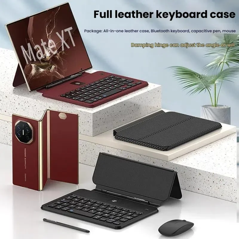 ست اداری موبایل Gruattreay سازگار با Huawei Mate XT Ultimate، با صفحه کلید بلوتوثی و کیف چرمی صفحه کلید همه کاره، ماوس بی سیم و قلم خازنی و جای قلم (قرمز)
