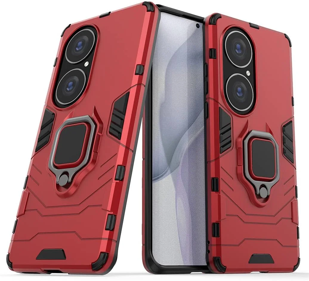 قاب محافظ گوشی هوآوی P50 Pro، حلقه فلزی، استند، سپر (سازگار با نگهدارنده مغناطیسی خودرو)، دو لایه، مقاوم (قرمز)