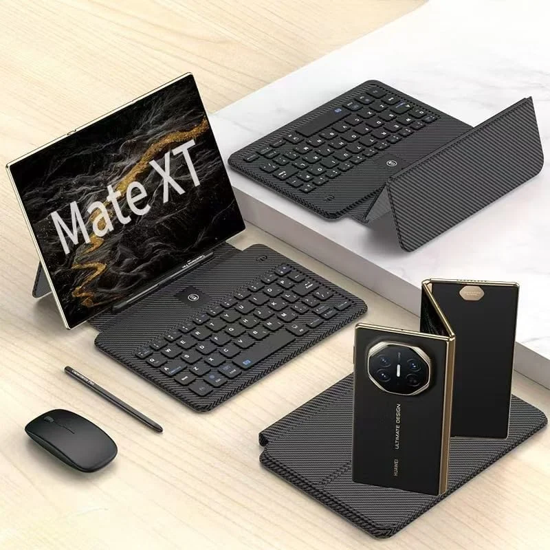 کیت صفحه کلید اداری موبایل هوآوی Mate XT، کیف چرمی کامل صفحه کلید Azonee + قلم لمسی + ماوس بلوتوث بی سیم، کیت کیف برای گوشی های تاشو هوآوی Mate XT Ultimate/Mate X6/X5/X3 - فیبر کربن