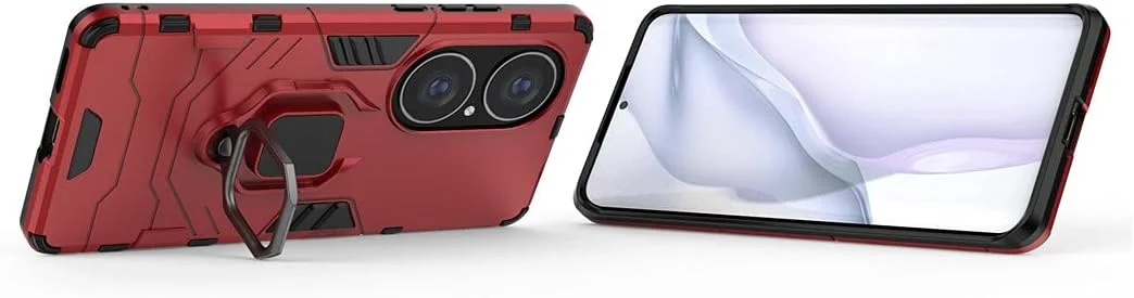 قاب محافظ گوشی هوآوی P50 Pro، حلقه فلزی، استند، سپر (سازگار با نگهدارنده مغناطیسی خودرو)، دو لایه، مقاوم (قرمز)