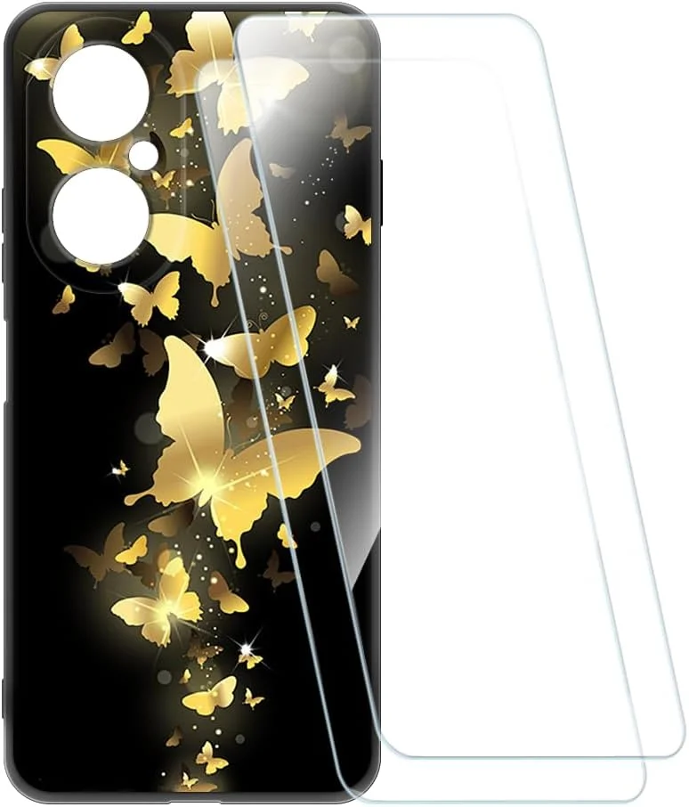 قاب طرح‌دار و 2 عدد محافظ صفحه نمایش سازگار با هوآوی نوا Y73 4G، کاور نرم ضد ضربه و فیلم شیشه‌ای حرارت‌دیده شفاف HD (پروانه طلایی)