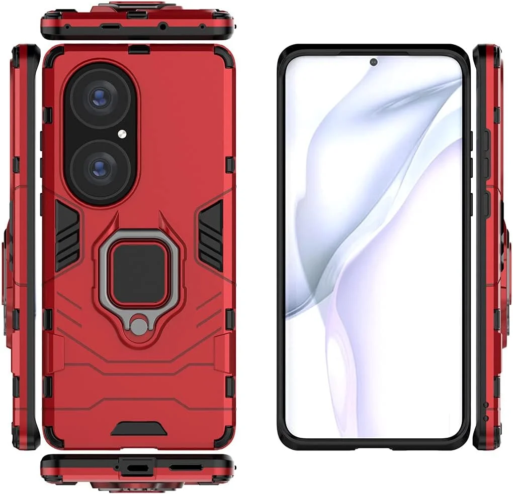 قاب محافظ گوشی هوآوی P50 Pro، حلقه فلزی، استند، سپر (سازگار با نگهدارنده مغناطیسی خودرو)، دو لایه، مقاوم (قرمز)