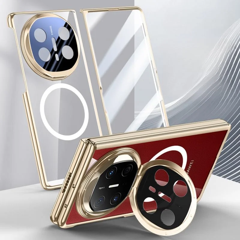 قاب آهنربایی Gruattreay سازگار با Huawei Mate X6 [محافظ صفحه نمایش داخلی] نگهدارنده فلزی دوربین، پوشش ضد ضربه شفاف با روکش آبکاری شده، پشتیبانی از شارژ بی سیم (طلایی)