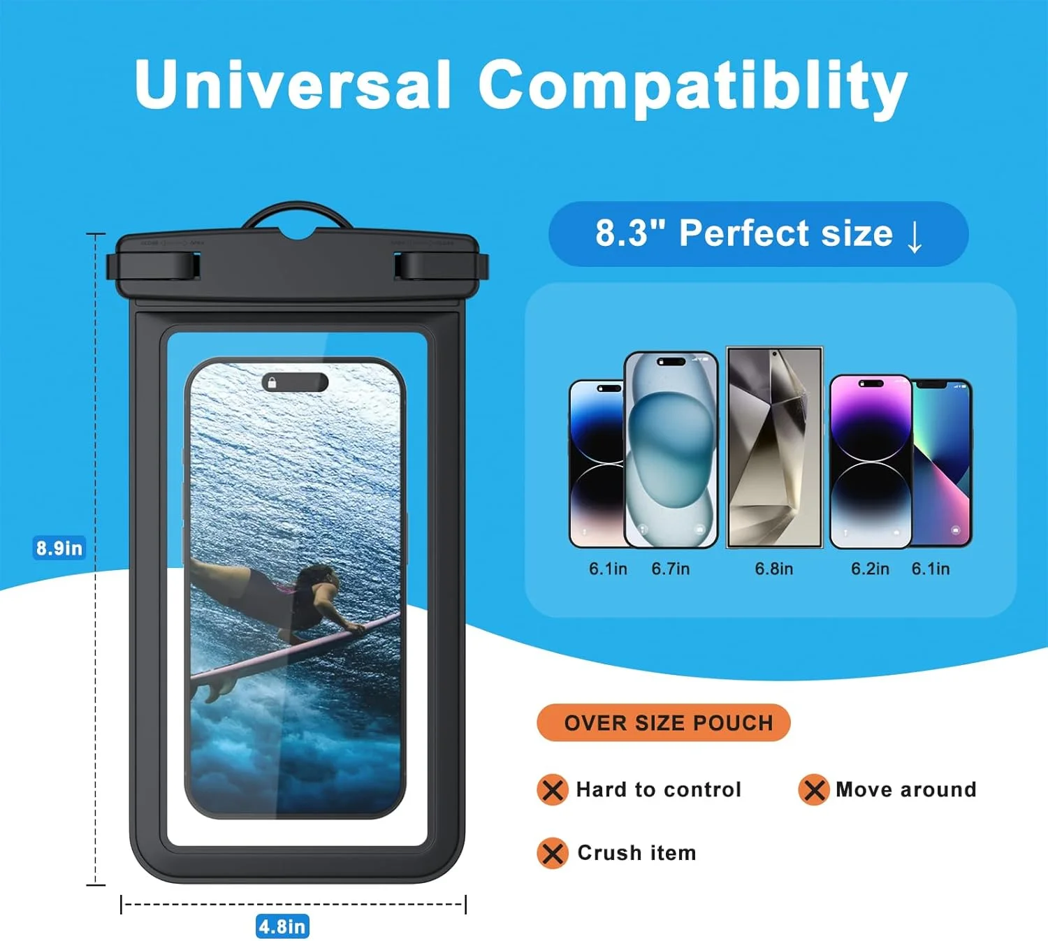 کیف ضد آب گوشی IEOVIEE، کیف ضد آب با استاندارد IPX8 برای شنا، کیف ضد آب گوشی برای آیفون 15/14/13/12 مینی/پرو/پرو مکس/11/XS/XR/8 پلاس/7 پلاس، سامسونگ گلکسی نوت، هواوی (1 عدد)